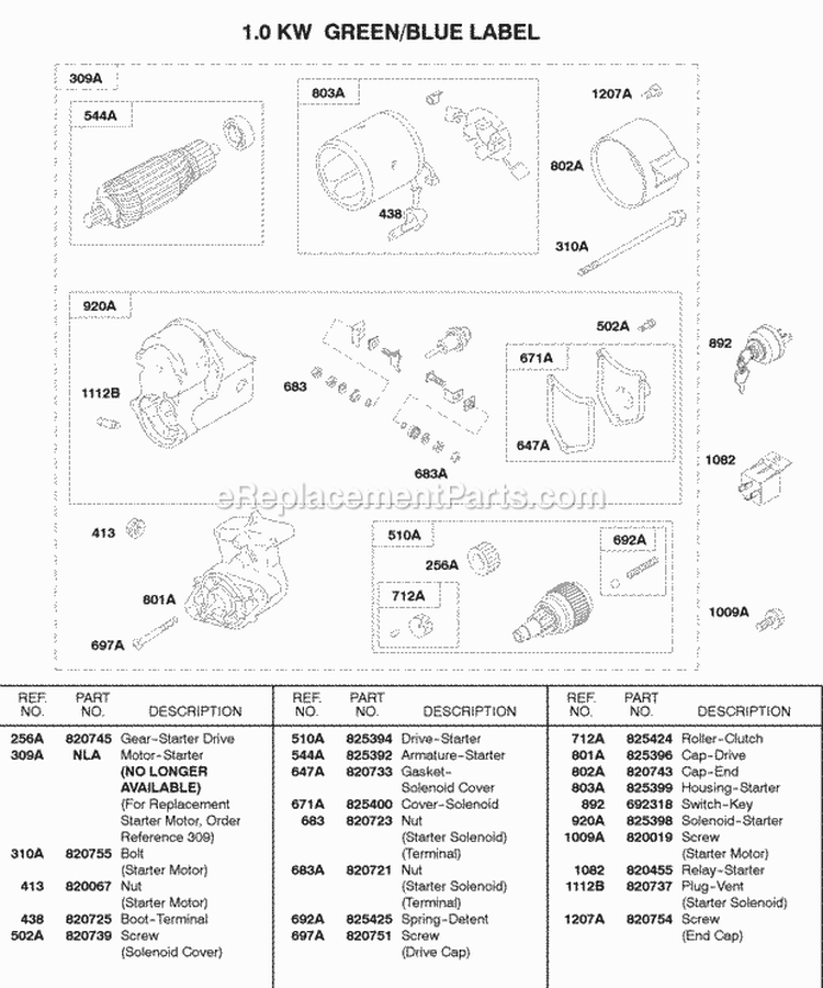 10 Kw Starter Motor Diagram and Parts List for 588447-0223-E2  Briggs and Stratton Engine